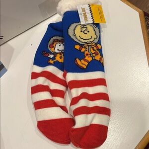 Peanuts Blue and Red Striped Character Sherpa lined socks.